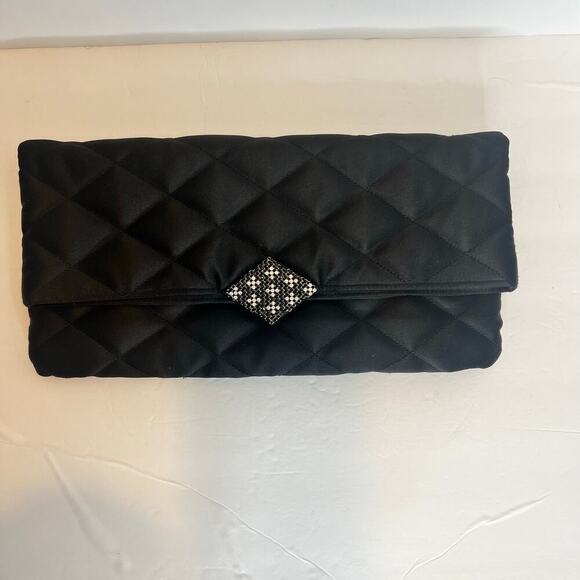 KATE LANDRY Black Clutch Quilted Vtg Purse Evening Folder Bag With Rhinestone - Picture 4 of 16